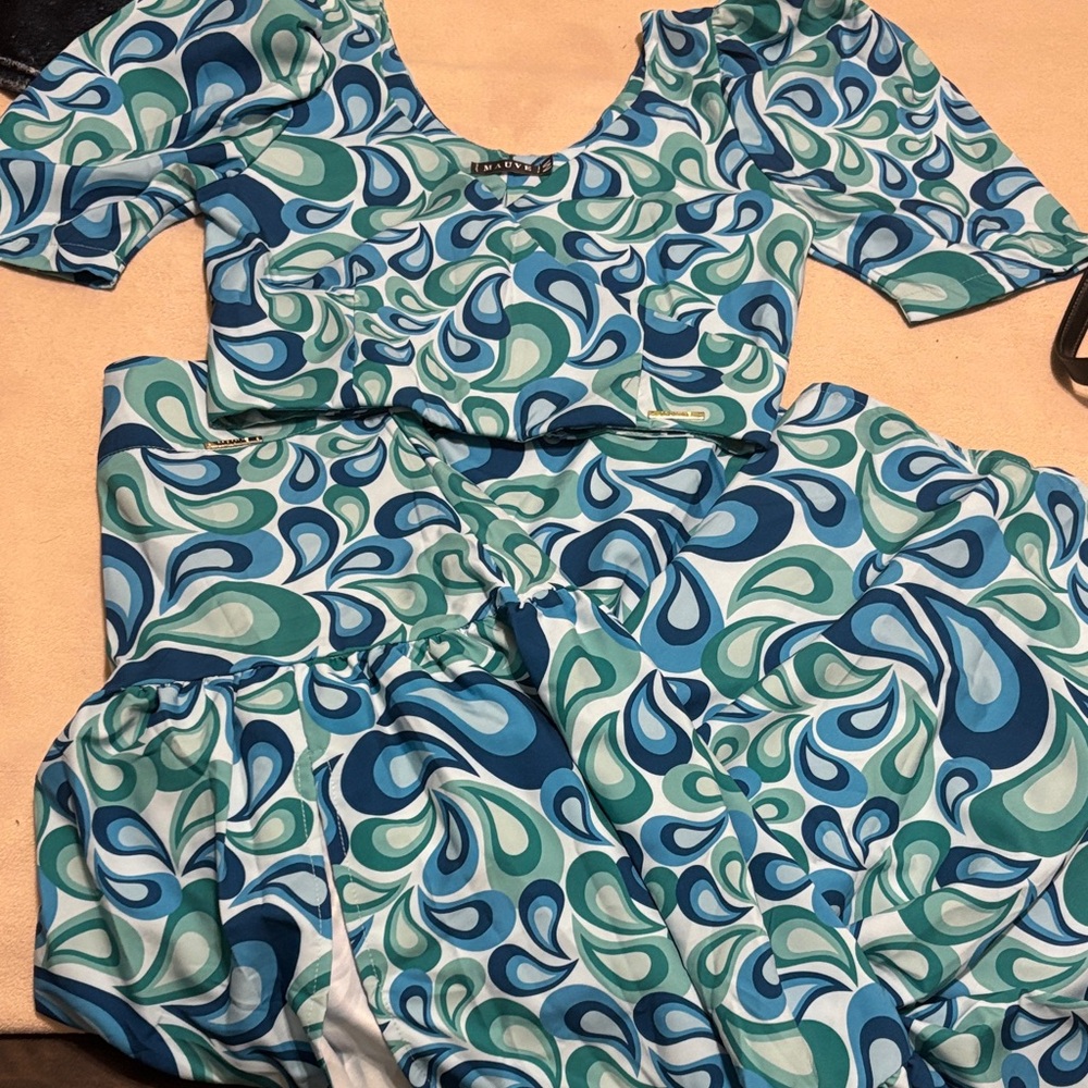 Blue and Green Swirl Patterned two piece skirt and blouse.